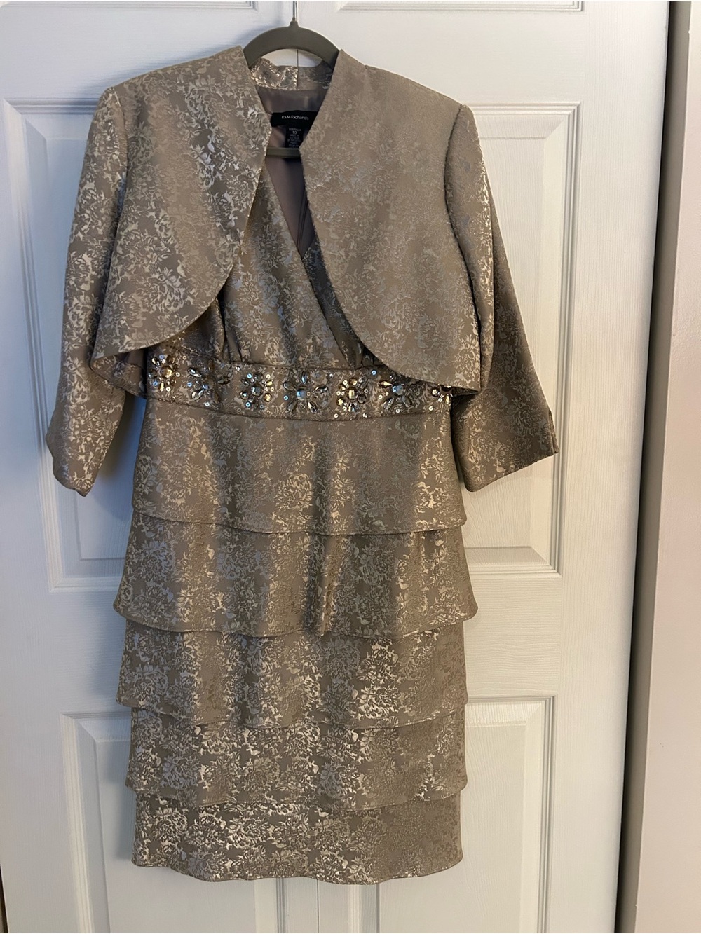 R&M Richards Taupe Metallic Tiered Midi Dress with Bolero